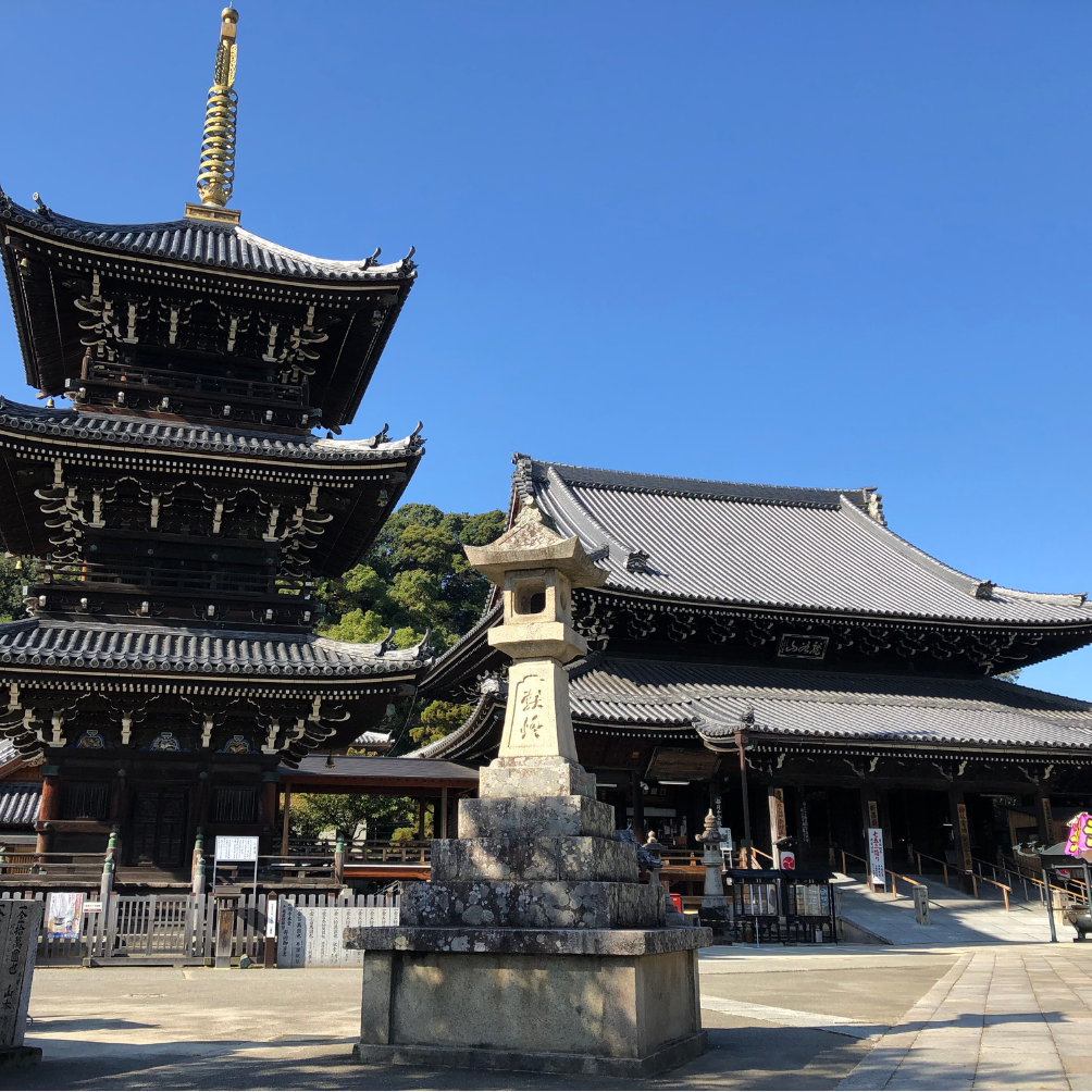 青空の下に広がる水間寺の三重塔と境内
